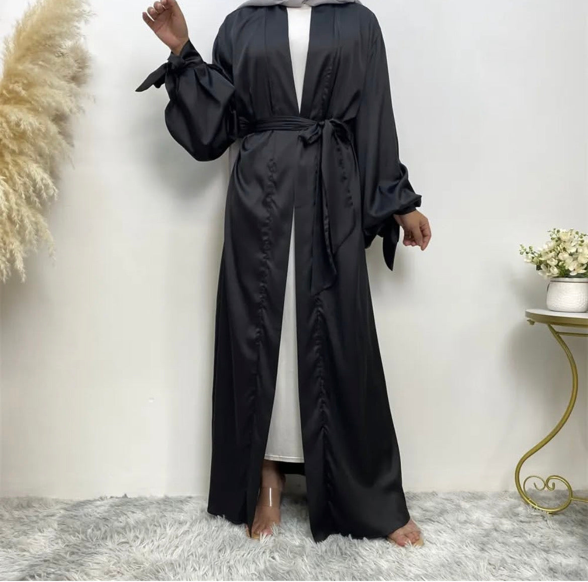 Black Satin Open Abaya