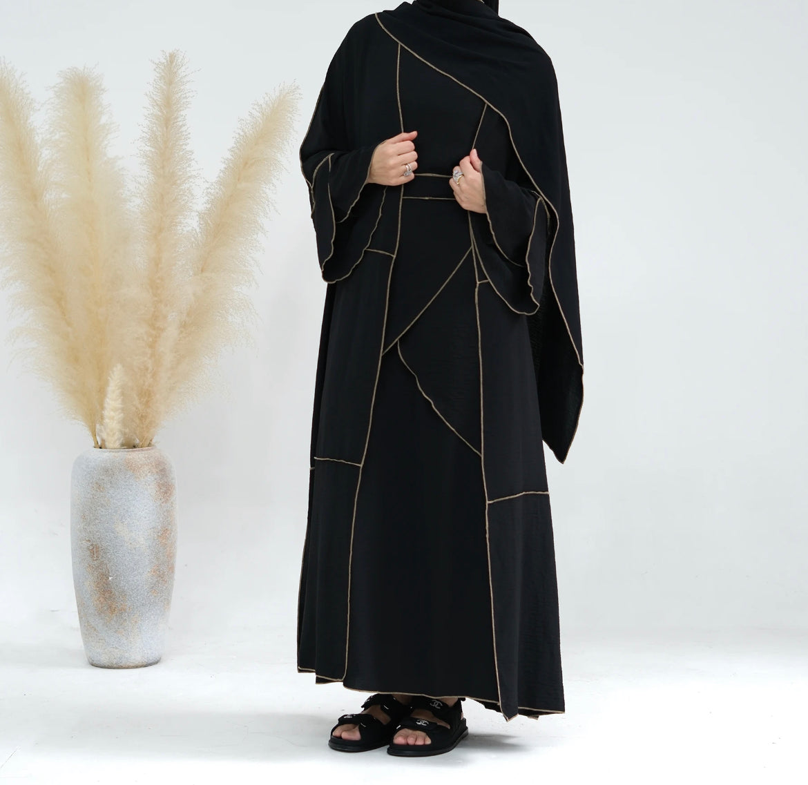 BLACK AND CREAM PIPED THREE PIECE ABAYA SET