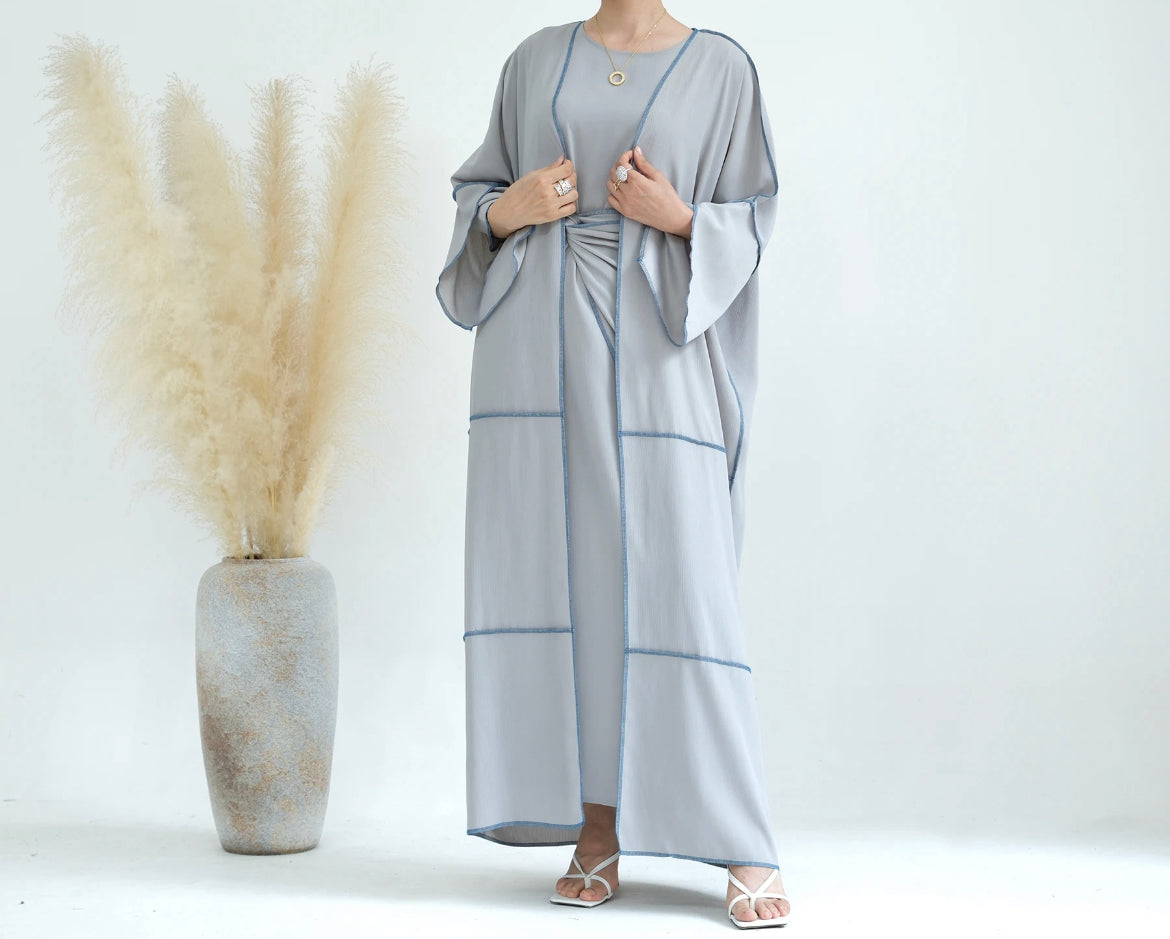 GREY THREE PIECE PIPED ABAYA