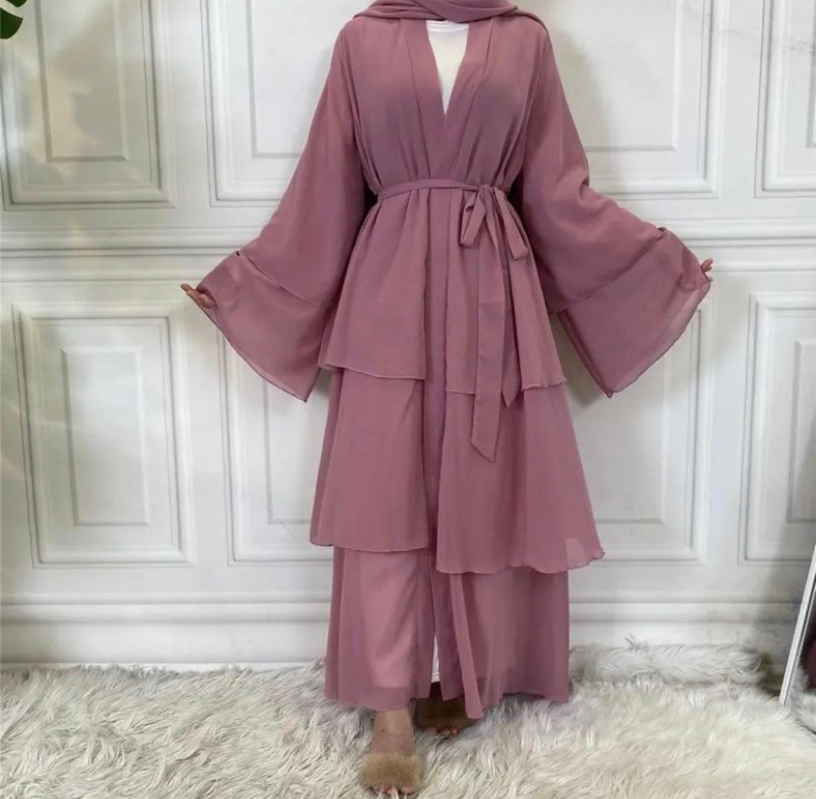 Three layer chiffon open abaya