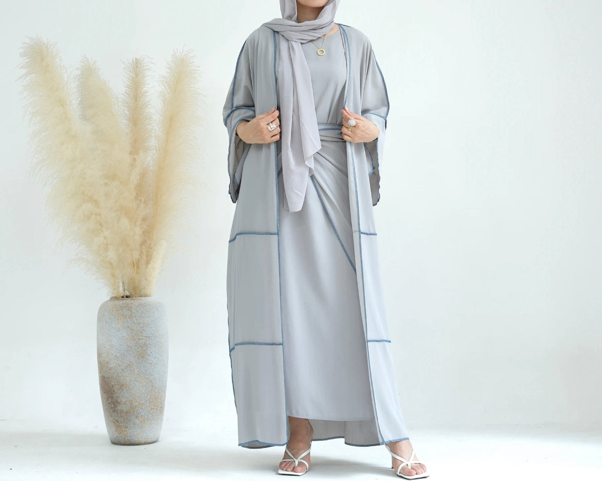 GREY THREE PIECE PIPED ABAYA