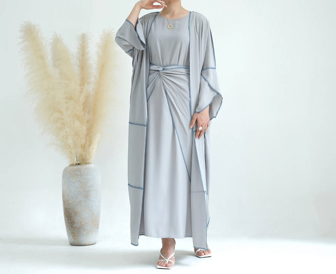 GREY THREE PIECE PIPED ABAYA