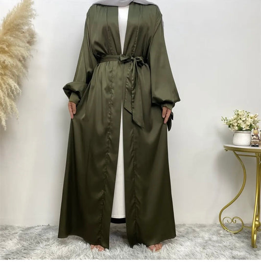 Khaki satin open abaya