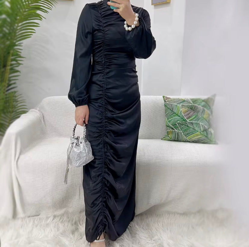 Black satin ruffle dress