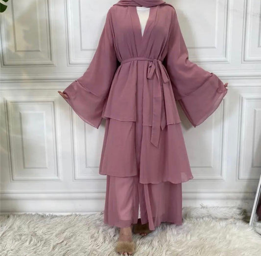 Three layer chiffon open abaya